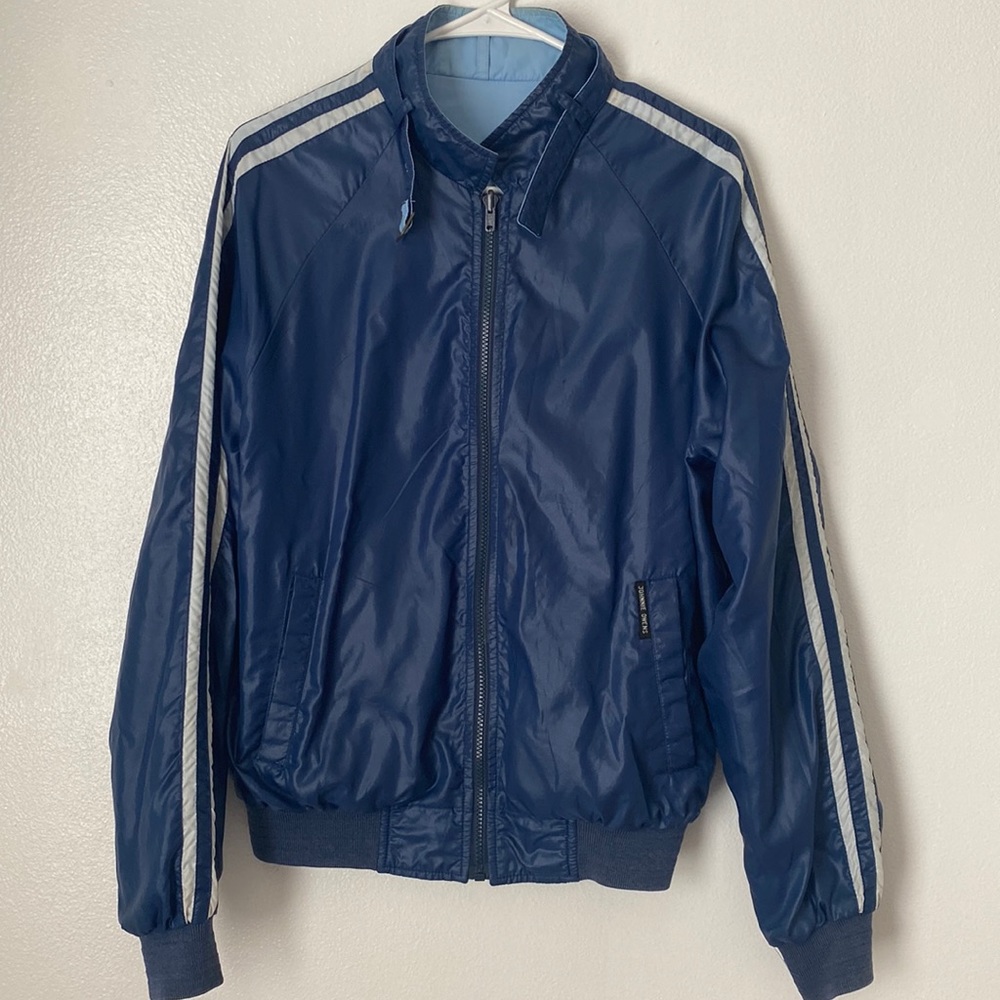 Johnnie Owens navy blue windbreaker vintage retro bomber jacket zip front Medium